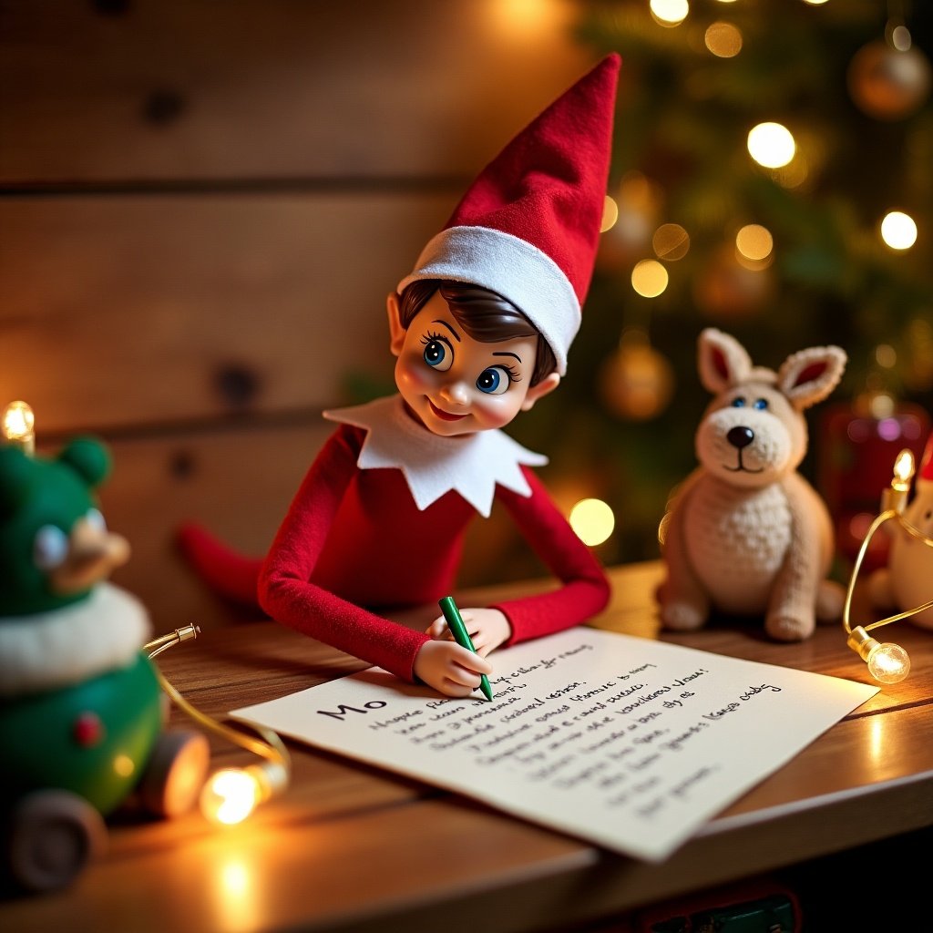 The scene features an Elf on the Shelf character sitting at a wooden table, meticulously writing on a piece of parchment paper. The elf wears a classic red and white outfit and has a cheerful expression. Surrounding the elf are soft, warm lights that create a festive and cozy ambiance. Next to the elf are a couple of playful stuffed animals, including a dog and a colorful toy. In the background, there is a decorated Christmas tree with twinkling lights, enhancing the holiday atmosphere.