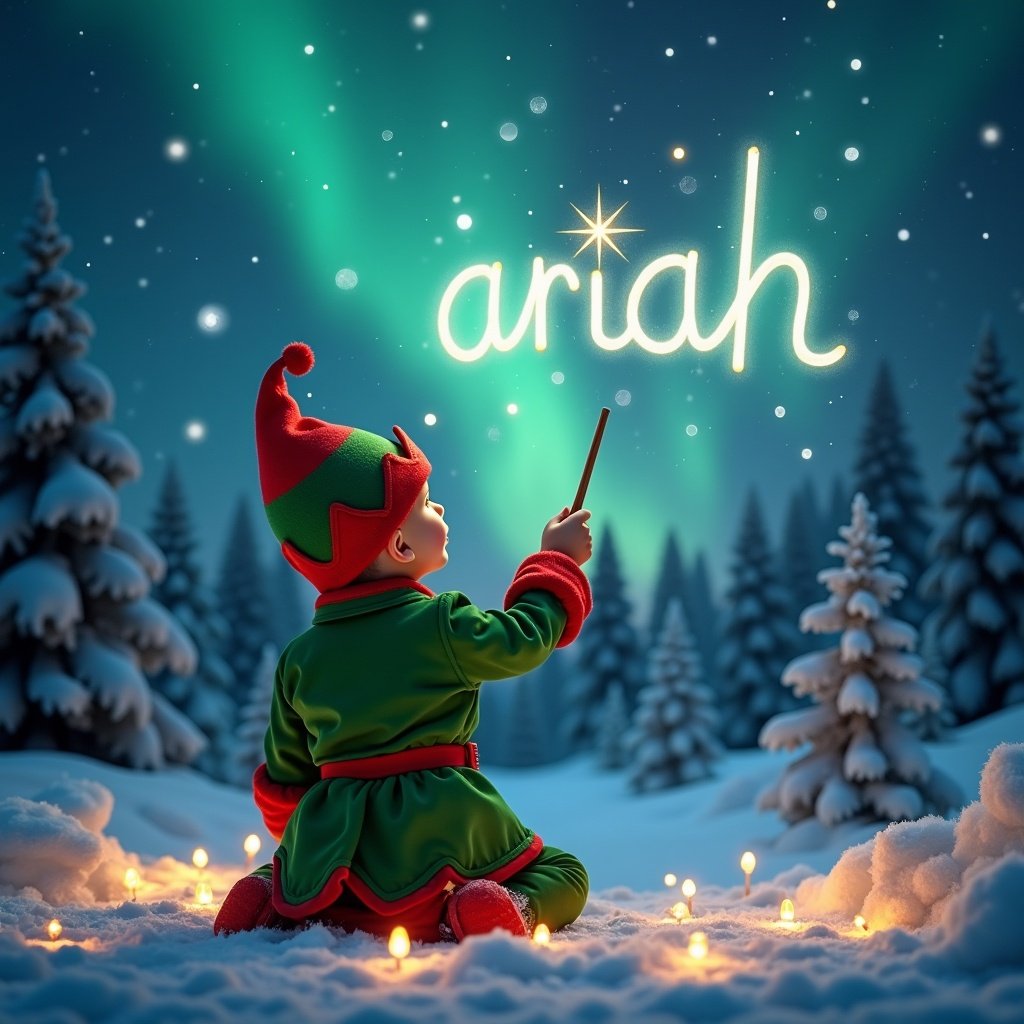 The scene portrays a young child dressed in a vibrant elf costume, sitting with their back turned to the viewer. With a wand in hand, the child gazes upward, conjuring the name 'ariah' in a whimsical, glowing script. Above them, the mesmerizing northern lights dance in brilliant shades of green, illuminating a peaceful winter landscape filled with snow-covered trees. Soft twinkling lights in the foreground enhance the cozy, festive feel of the moment. This enchanting atmosphere evokes the joy and magic of the holiday season.