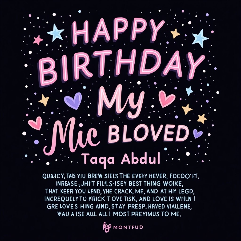 Create a birthday design for Taqa Abdul with the colors black, purple, and blue. At the top, write 'عيد ميلاد سعيد'. In the center, place the word 'حبيبتي'. Below that, include her name prominently. Also, add a heartfelt message that expresses wishes for her happiness and love. Incorporate decorative elements to enhance the birthday theme.