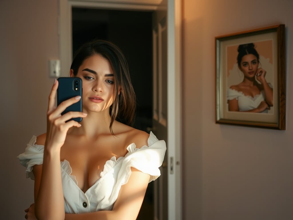 A woman takes a selfie in front of a mirror while a portrait of her hangs on the wall.