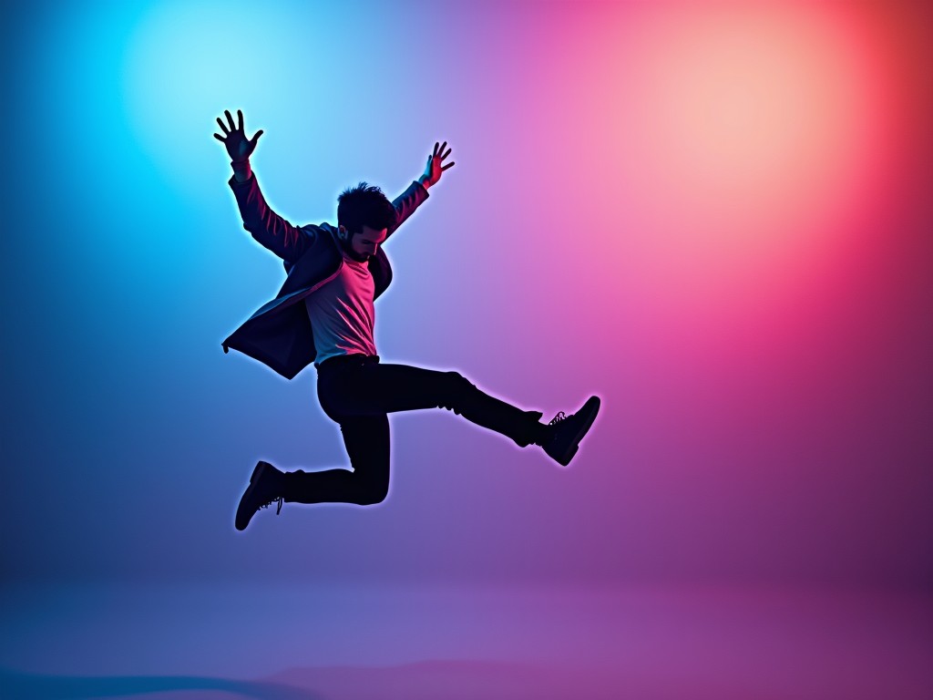 The image captures a silhouetted figure joyously leaping in mid-air against a vibrant, gradient backdrop. The background transitions from a cool blue on the left to a warm red on the right, creating a striking color contrast. The subject's energetic pose and outstretched limbs suggest movement and freedom.