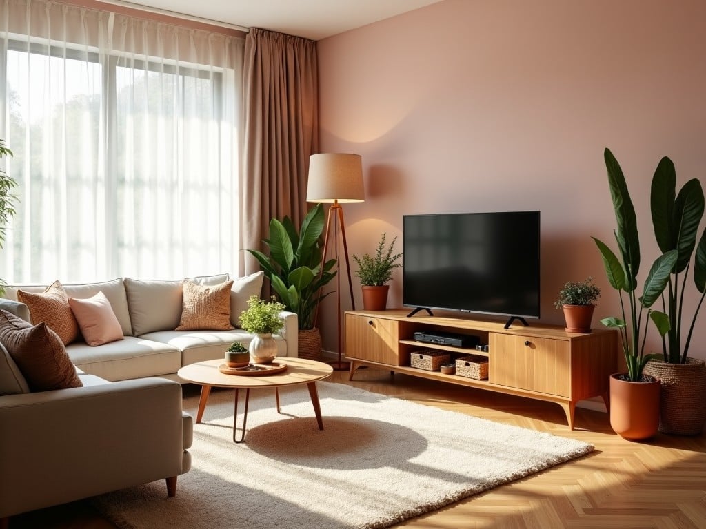 The image showcases a beautifully designed living room. It features a comfortable sectional sofa adorned with several pillows. A stylish wooden coffee table sits at the center, surrounded by lush greenery. A large television is mounted on a sleek wooden console. The room is bathed in warm, natural light, creating an inviting and cozy ambiance. The color palette includes soft pastels and earthy tones, enhancing the modern decor style.