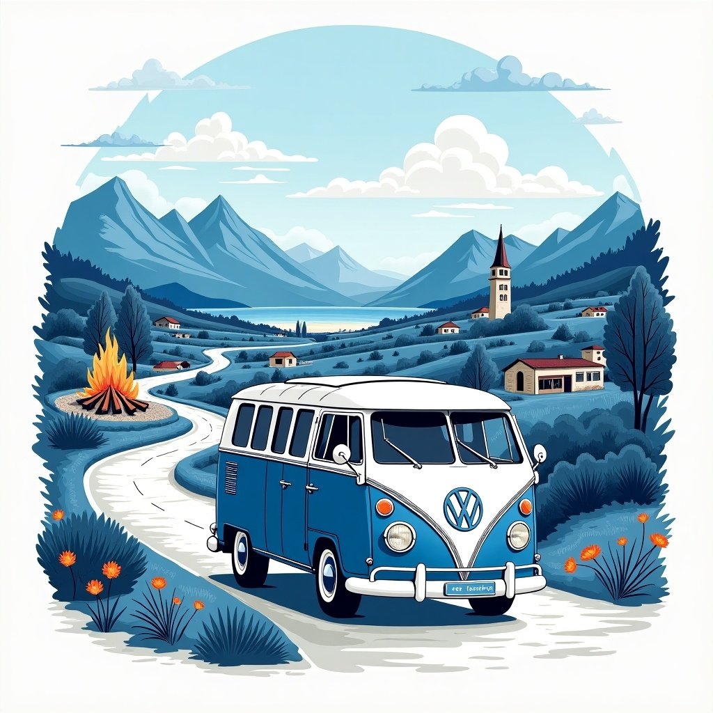 This illustration showcases the spirit of adventure in South Africa. The vintage van 'Vinnige Frikkie' drives along a beautiful road. Surrounded by a mix of South African landscapes, it features mountains, beaches, and a bushveld bonfire. In the background, iconic landmarks symbolize the vibrant culture. The color palette is predominantly blue and white, enhancing its adventurous charm. This scene invites viewers to explore the beauty of South Africa.