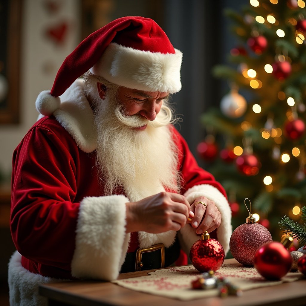 This image features Santa Claus, dressed in his classic red and white outfit, focused on making festive baubles. The scene is set in a cozy room decorated for Christmas, with a sparkling Christmas tree in the background. Santa is carefully adding finishing touches to a shiny red bauble. Warm, soft lighting enhances the holiday spirit in the room. This moment captures the essence of holiday preparations and joyful anticipation for Christmas.