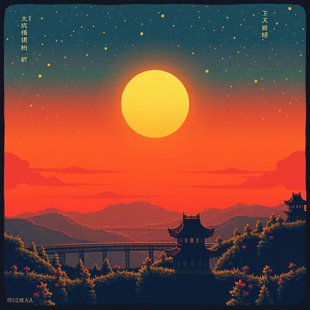 A tranquil sunset scene with traditional Asian architecture set against rolling hills and a vibrant sky filled with stars.