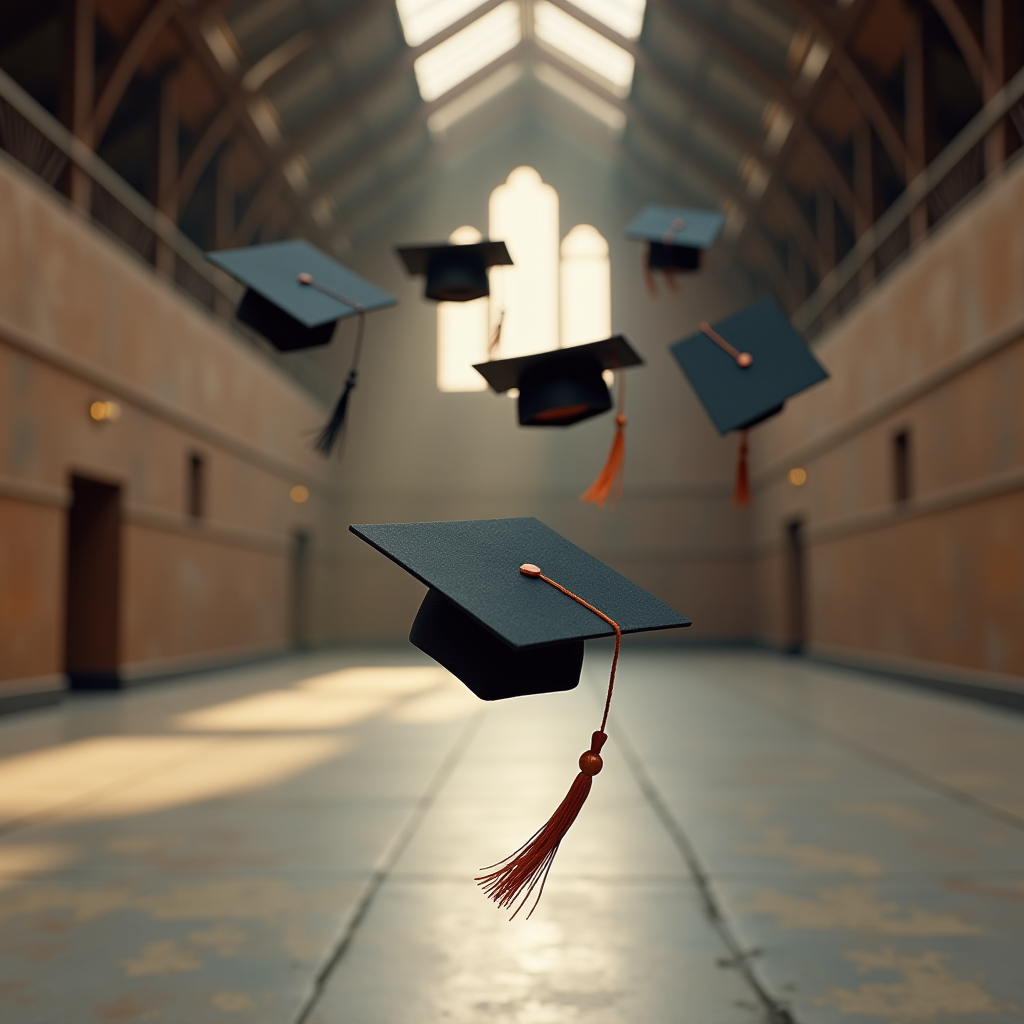 Graduation caps with tassels are suspended in mid-air inside a sunlit hall, symbolizing the celebratory act of tossing hats in a graduation ceremony.