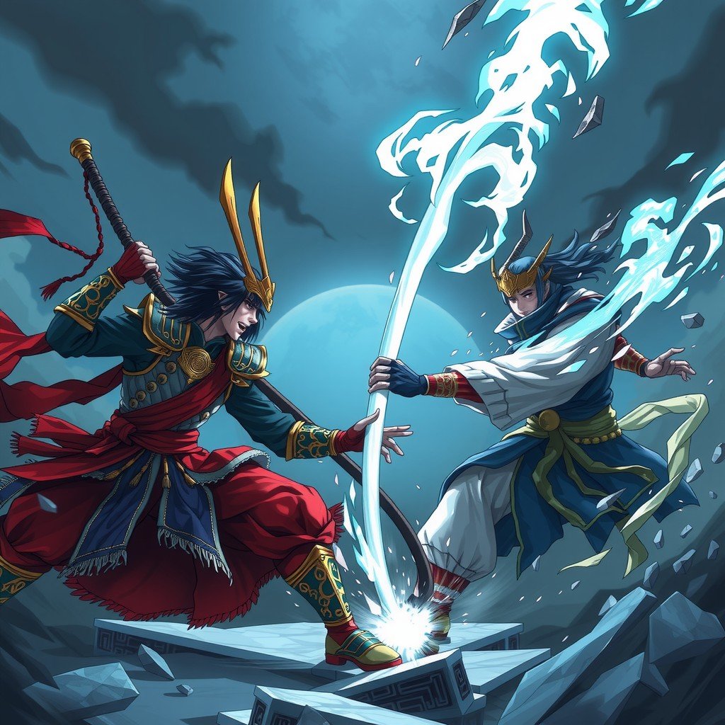 Two stylized warriors in dramatic combat with mystical energy and traditional armor.