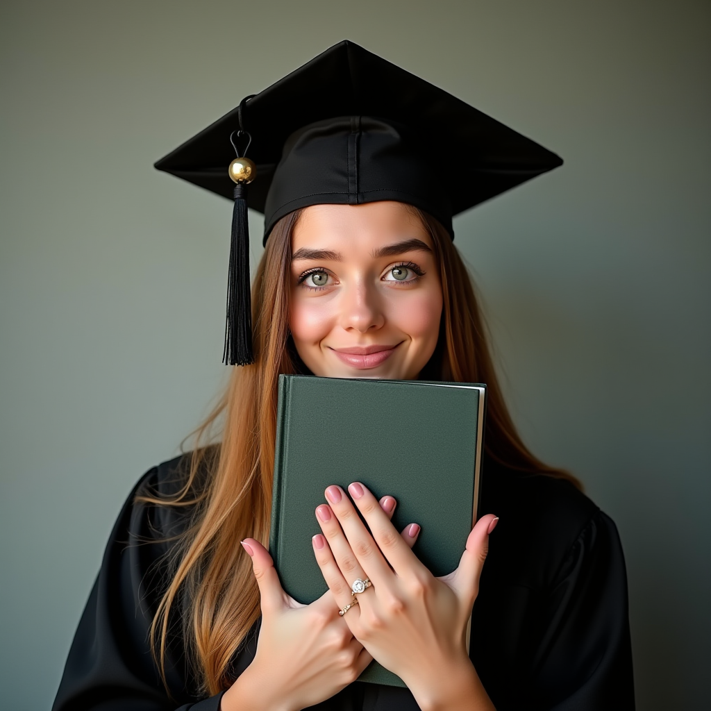 A graduate wearing a cap and gown holds a closed book, symbolizing completion and achievement.