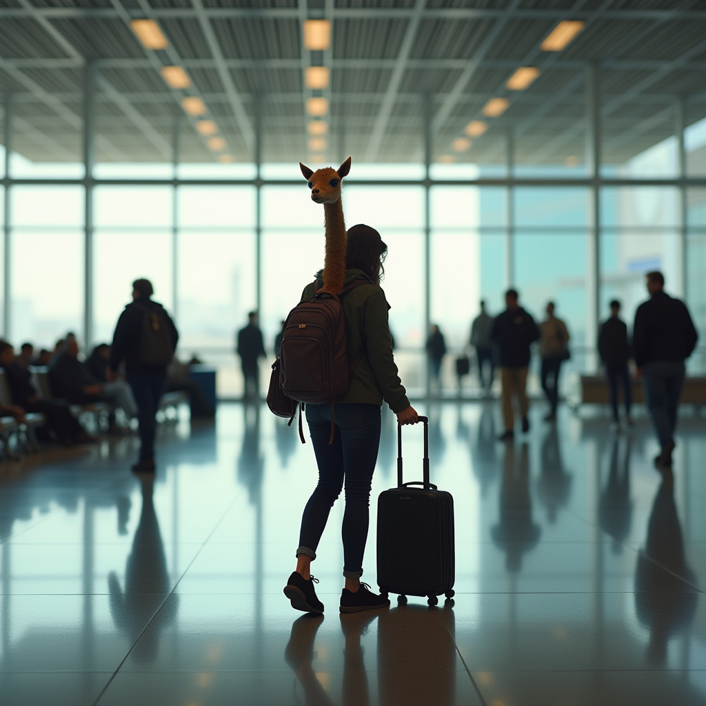 A person with a backpack featuring a plush giraffe head stands in an airport terminal.