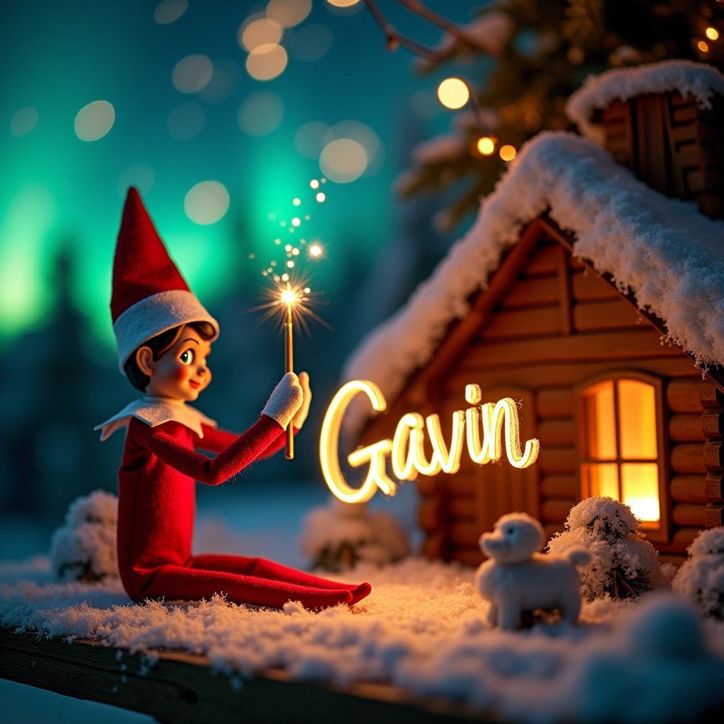 This enchanting Christmas scene features an elf on the shelf in a lively holiday setting. The elf, dressed in traditional red and white attire, holds a magic wand and writes the name 'Gavin' in a glowing script. Behind the elf, the northern lights illuminate the sky in vibrant colors, adding to the magical ambiance. A charming log cabin is visible nearby, creating a festive backdrop. The scene conveys the joy and excitement of Christmas, capturing the playful spirit of the season beautifully.