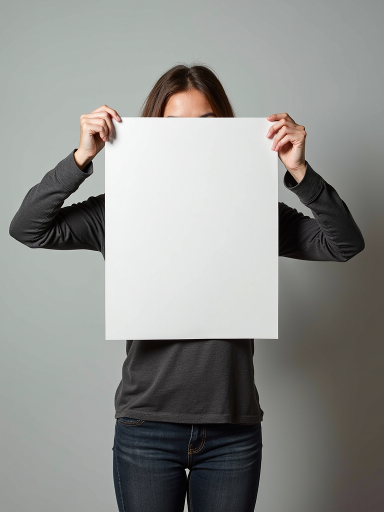 A person holds a large blank white sheet in front of their face.