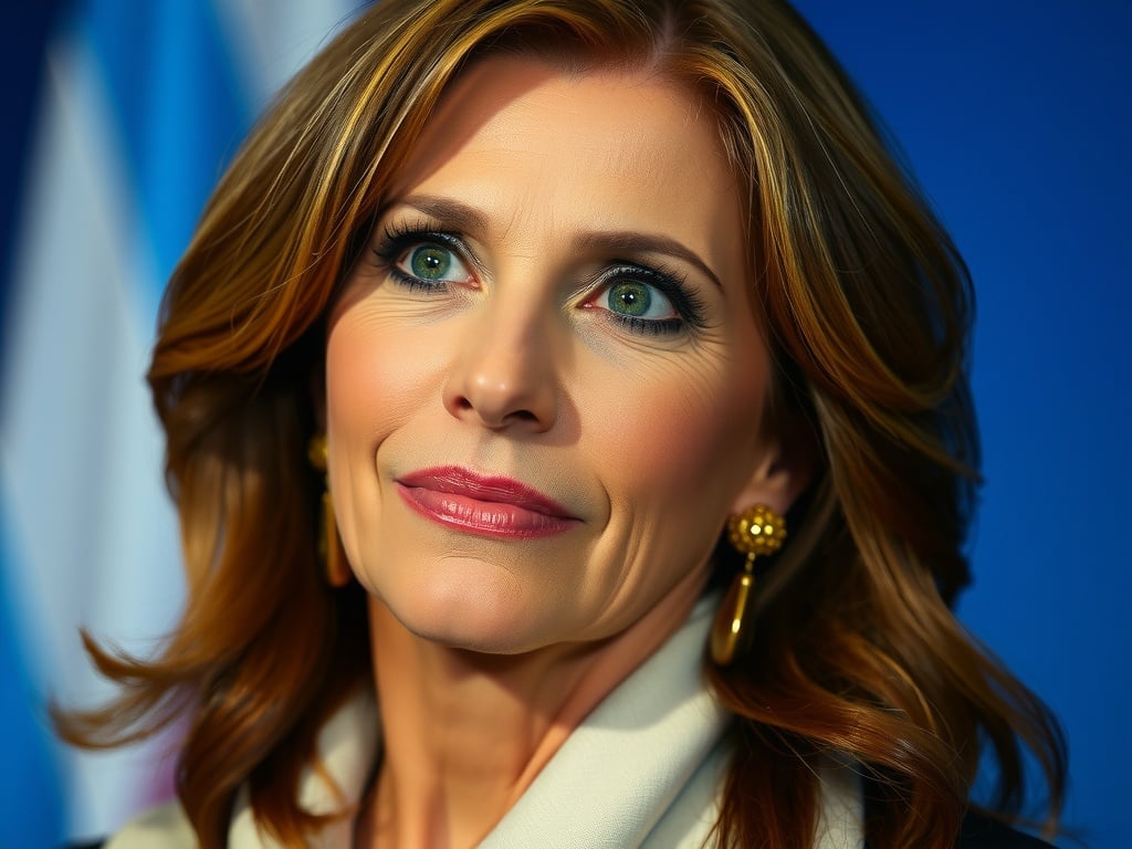 A well-dressed woman gazes confidently, with bright eyes and a slight smile, set against a blue background.