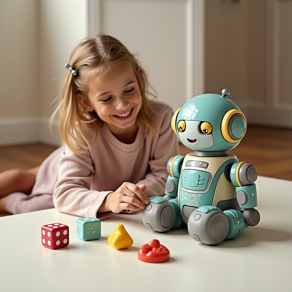 A young girl enjoys playing with a friendly, colorful robot on a table.