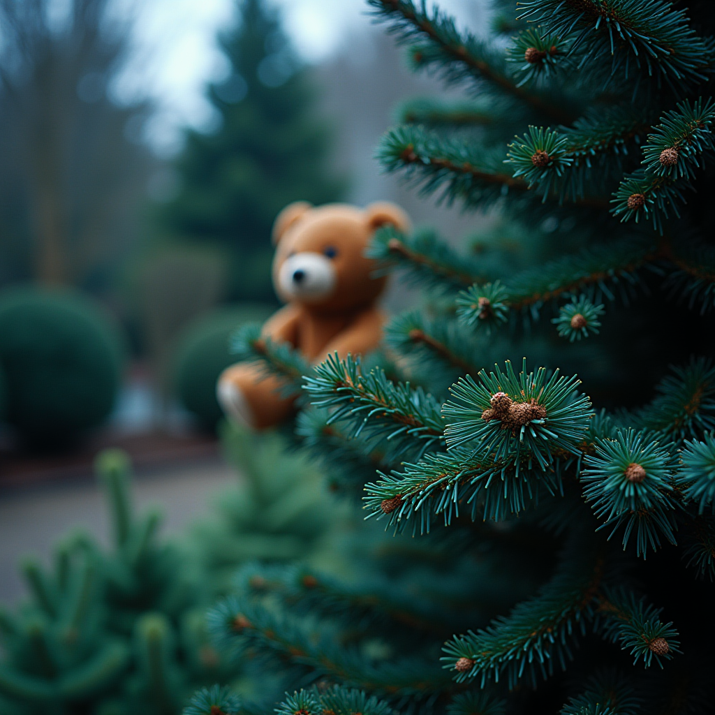 A teddy bear is nestled among lush pine branches in a misty, serene outdoor setting, creating a whimsical and cozy atmosphere.