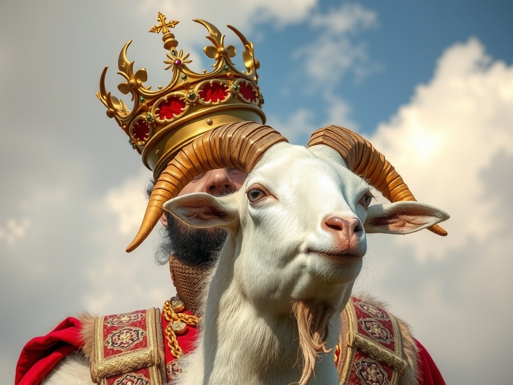 This whimsical image features a goat with striking horns adorned by an ornate crown, conveying a playful sense of majesty. The goat is dressed in royal attire with rich red and gold fabrics, set against a bright blue sky dotted with fluffy clouds. The composition cleverly merges the human concept of royalty with the natural world, evoking a sense of humor and fantasy.