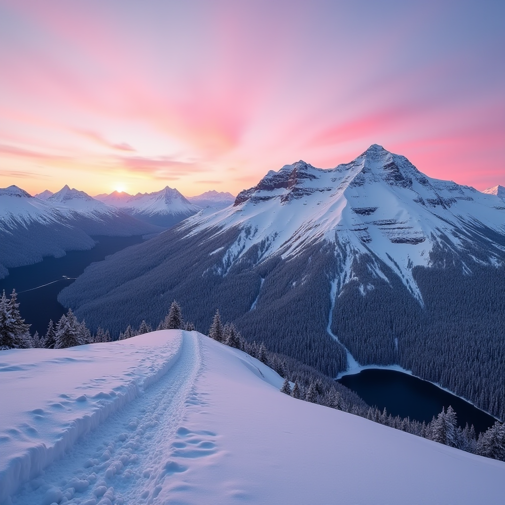 A snowy mountain path leads to a scenic view of mountains and a colorful sunset.