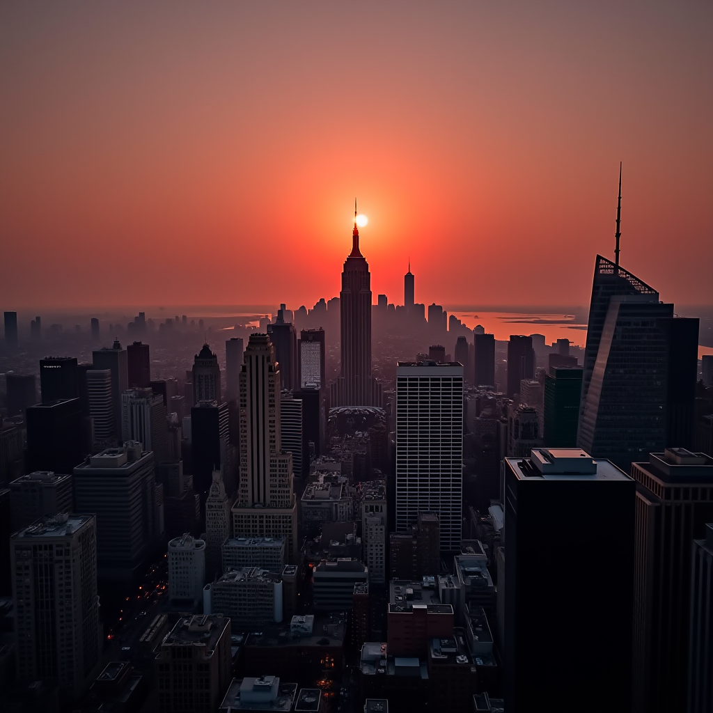 A dramatic skyline view of a city at sunrise, with the sun glowing behind iconic skyscrapers.