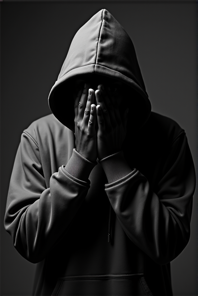 A black and white portrait of a person in a hoodie covering their face with their hands, conveying a sense of mystery and introspection.