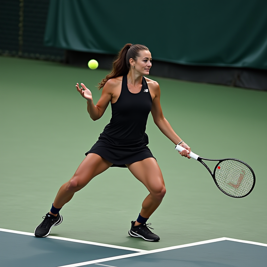 A tennis player in a black outfit skillfully prepares for a forehand shot on a green court.