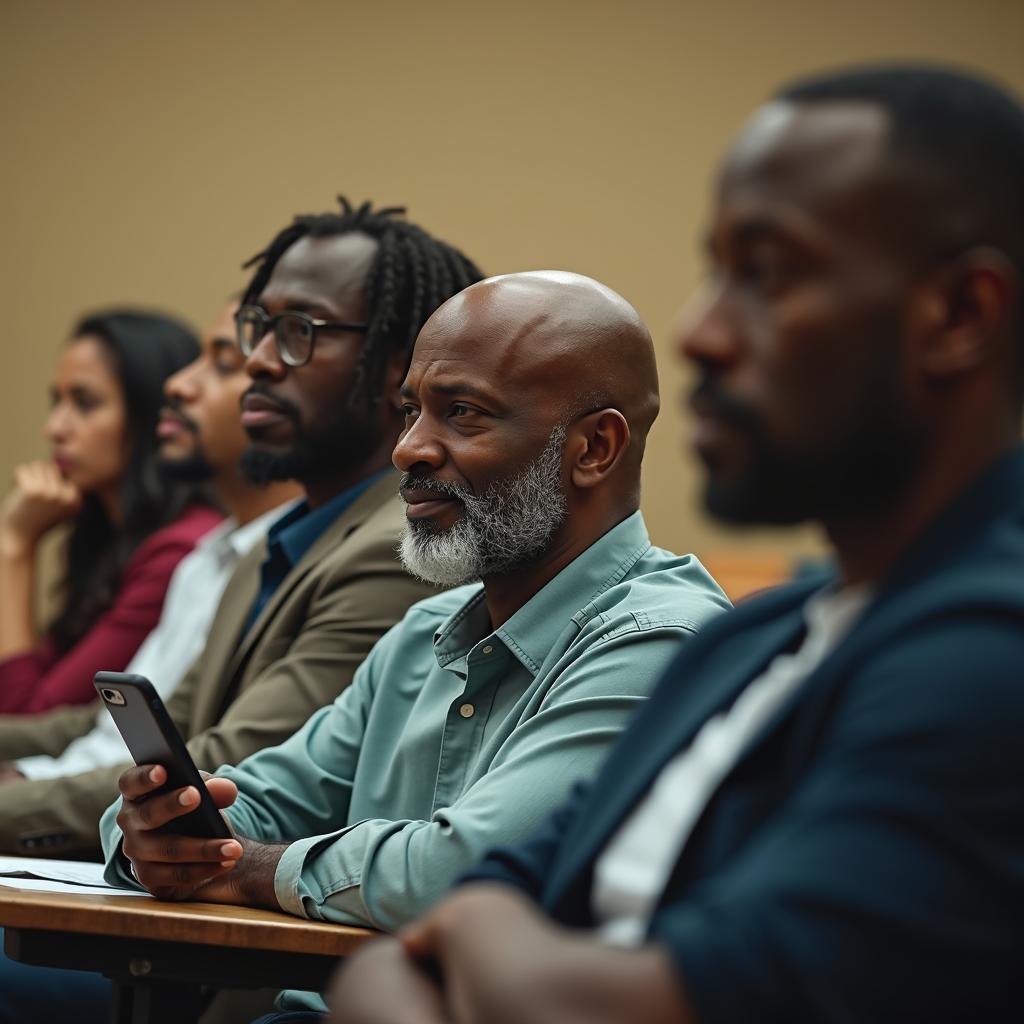 A group of people are sitting in a classroom, listening intently, with one person holding a smartphone.