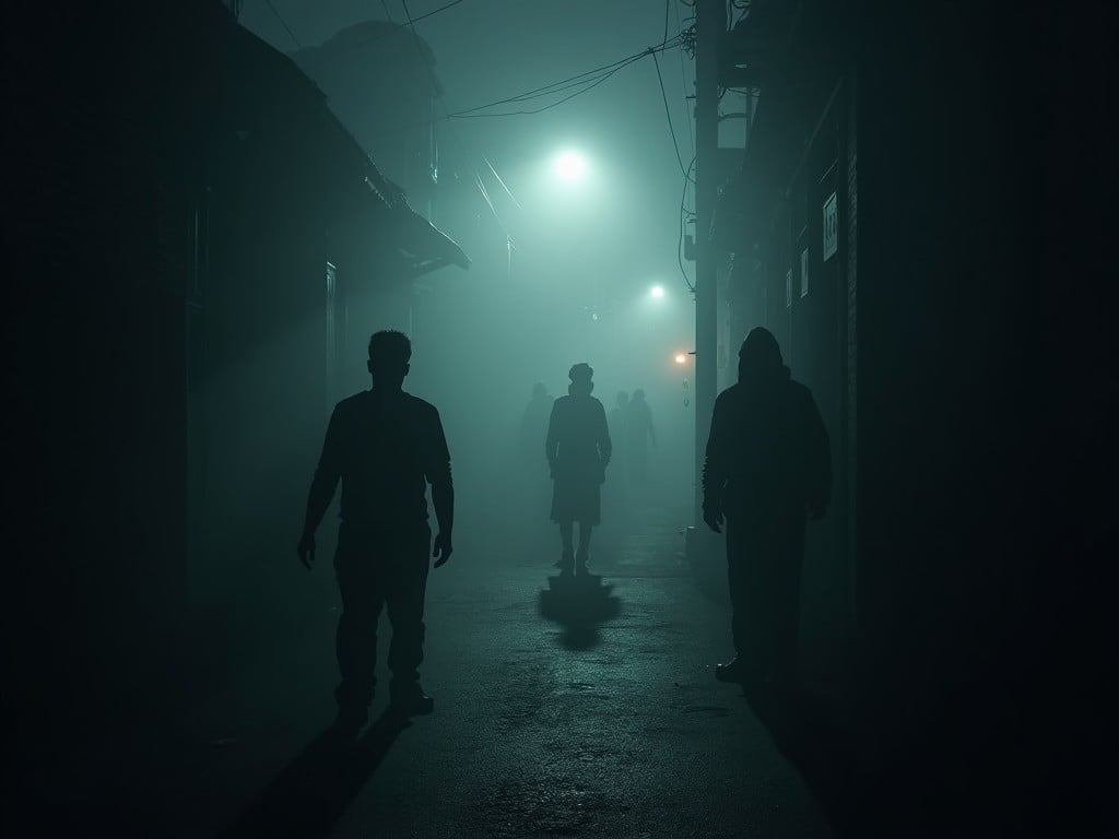 A dark and atmospheric background features a foggy alley at night, evoking a sense of suspense. Silhouettes of shadowy figures are seen lurking in the distance, enhancing the mystery. Hints of light break through the dense fog, suggesting the possibility of hope or discovery. This scene captures the mood of an urban legend or a suspenseful narrative. The overall aesthetic combines elements of horror and intrigue, drawing viewers into its chilling yet enticing environment.