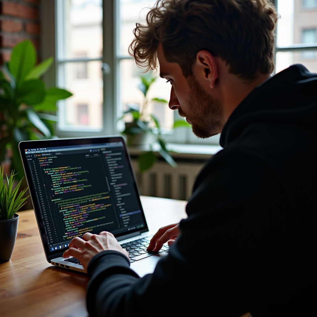 A person is intently writing code on a laptop in a well-lit, plant-filled room.