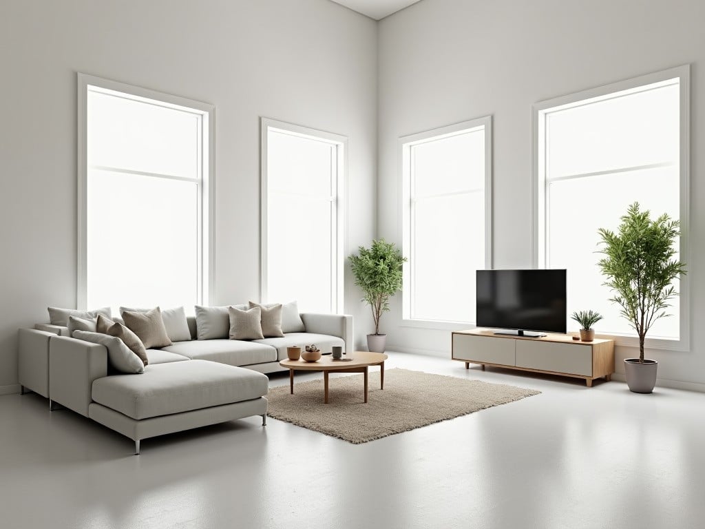 This is a modern and spacious living room with a minimalist design. The walls are a clean white, and there are several large windows that let in natural light. In the center of the room, there’s a comfortable sofa, allowing for lounging and relaxation. Opposite the sofa, a TV is placed on a sleek TV board alongside a stylish table. The flooring is light-colored, adding to the airy feel of the space. The room also features a simple yet elegant layout that promotes a sense of openness.