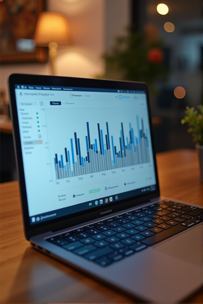 A laptop displaying a bar graph is open on a wooden table, with a cozy lamp and blurred background adding a warm ambiance.