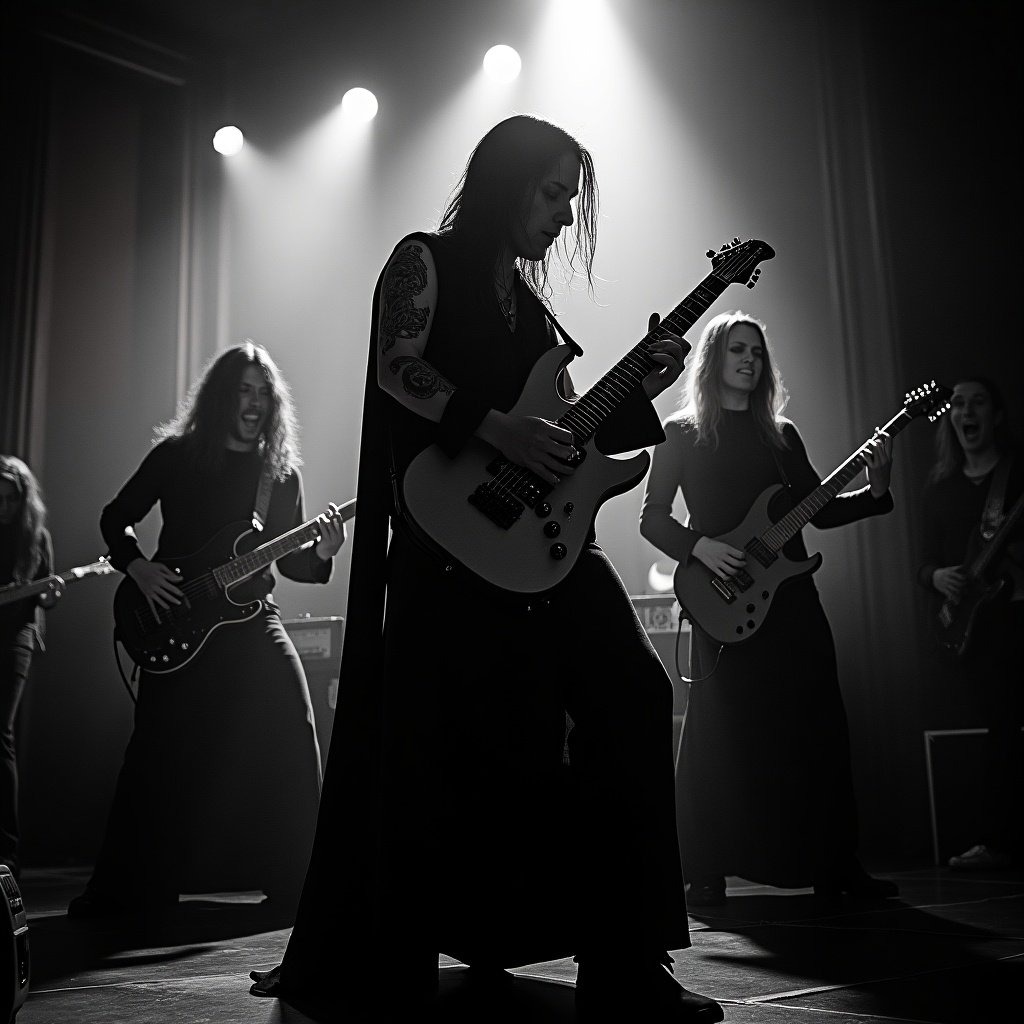 This image captures a gothic metal band named 'Made In Pain' performing energetically on stage. The scene is set in a dimly lit venue, enhancing the mood with shadows and dramatic lighting. The lead guitarist takes center stage, exuding passion as he plays his electric guitar. Other band members are engaged in the performance, creating an intense atmosphere. The gothic architecture in the background adds to the overall aesthetic of the band.