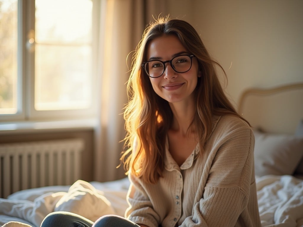 A young woman with glasses sitting in a sunlit room, smiling softly, with natural light coming through a window behind her. She is wearing casual, cozy clothing and has long hair.