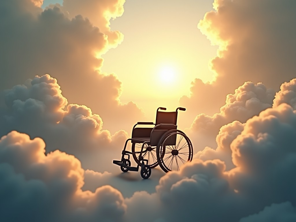 A wheelchair floating among clouds with a bright sun in the background, creating an ethereal and inspirational scene.