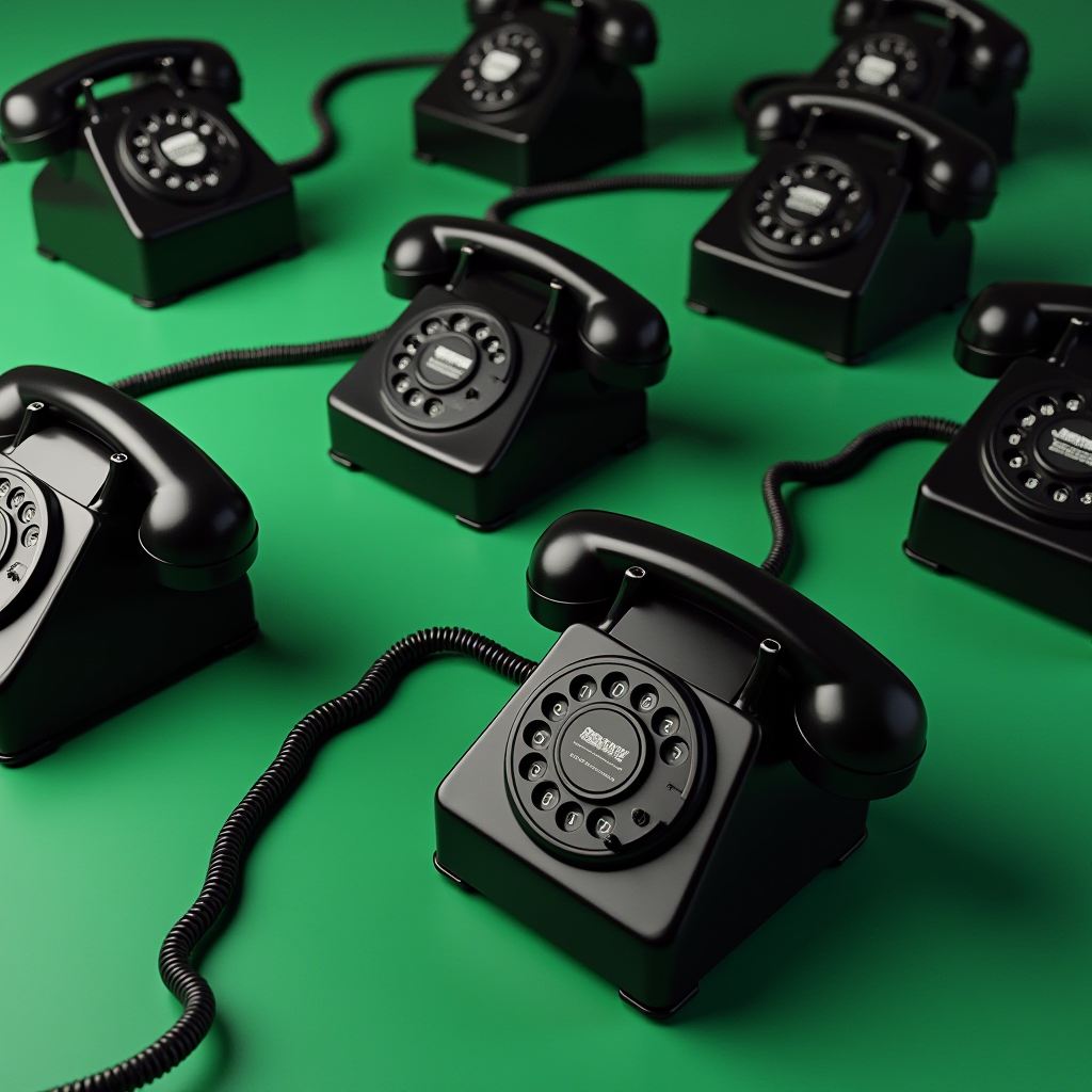 The image showcases several classic black rotary dial telephones arranged on a smooth, green surface. Each telephone is identical, featuring the distinctive circular dial with numbers and a coiled cord connecting the handset to the base. The lighting is soft, highlighting the glossy finish of the telephones, and creating subtle shadows that add depth to the scene. The arrangement seems orderly, emphasizing a sense of nostalgia and vintage communication technology.