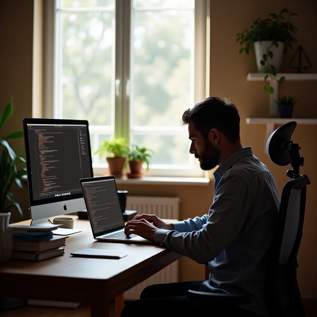 The image depicts a man focused on his work while seated at a desk in his home. He is using a laptop, with another monitor displaying code, illustrating a remote work environment. The setting is well-lit by natural light coming from a nearby window. In the background, there are potted plants and shelves, adding a touch of greenery. The overall atmosphere suggests productivity and a modern home office setup.