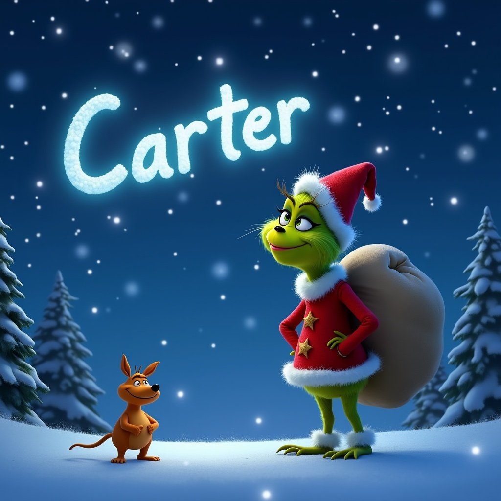 A smiling Pixar themed Grinch stands in a snowy landscape, writing the name “Carter” in the night sky with a magical light. He wears a festive red suit with white trim and carries a large sack on his back. His companion, the dog Max, is nearby, smiling at the Grinch. In the background, there is a starry night sky filled with sparkling stars. Snowflakes are gently falling, creating a beautiful holiday scene. The presence of pine trees enhances the winter wonderland feel.