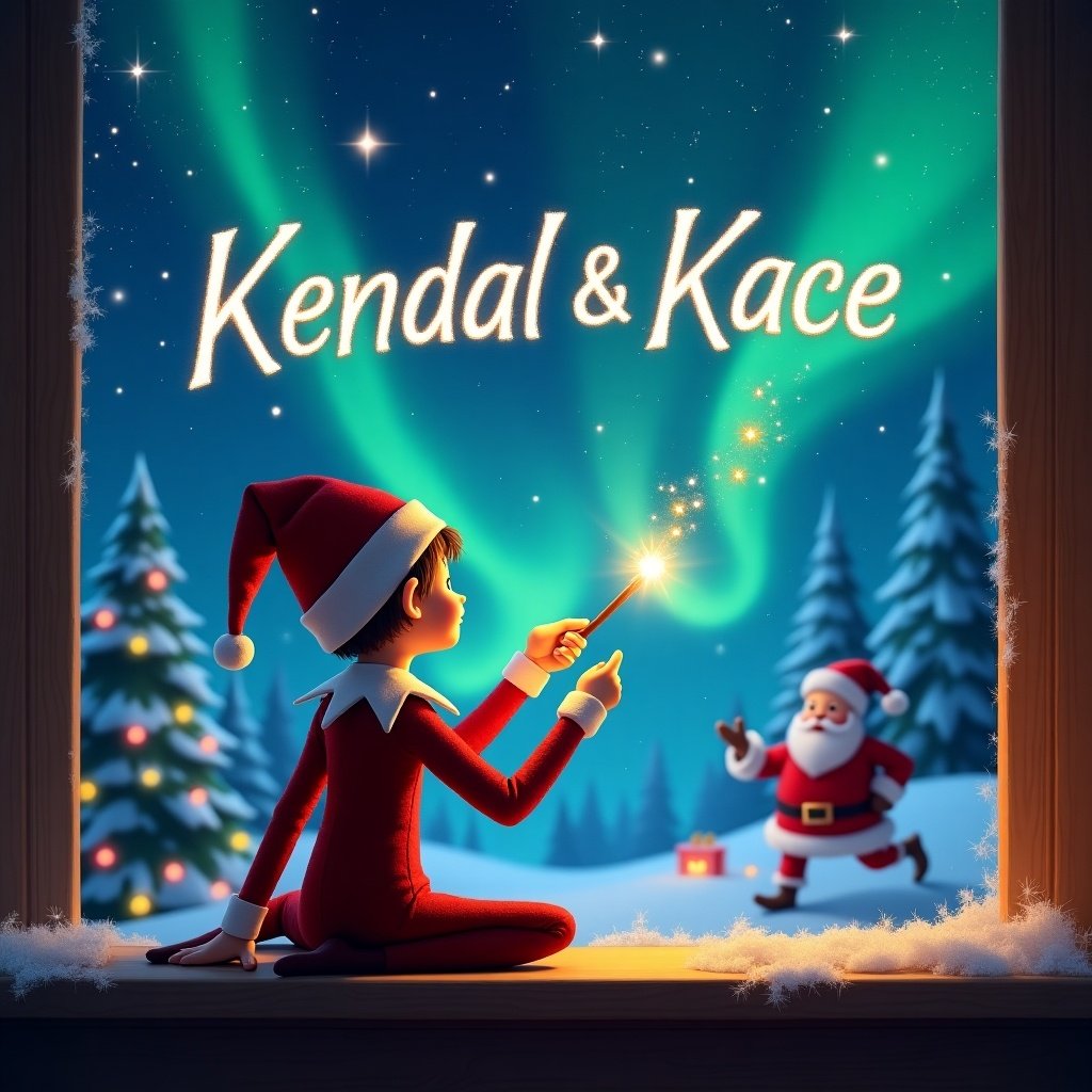 An enchanting holiday scene features an elf with his back to the viewer. He sits by a window, face turned towards the sky. With a wand, he writes the names 'Kendal & Kace' in sparkling letters. The backdrop is a magical winter landscape with vibrant northern lights. In the distance, Santa Claus is also present, adding to the festive atmosphere. The whole scene is immersive and filled with Christmas spirit, designed to evoke a sense of wonder and joy.