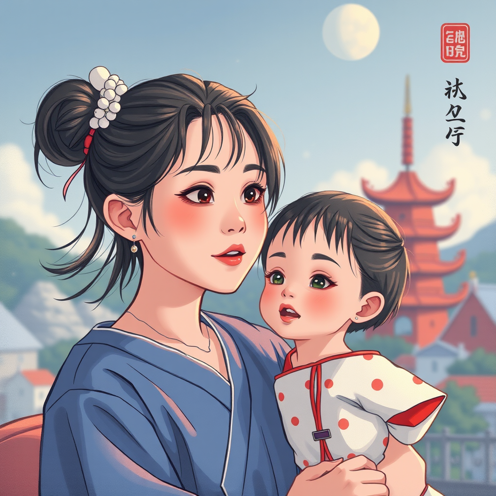 An artistic depiction of a woman and a child against a scenic background with a pagoda and moon.