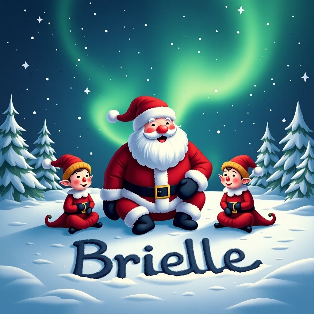 The scene depicts a magical North Pole setting with a snowy backdrop illuminated by the enchanting northern lights. Santa Claus sits happily on the snow with two cheerful elves beside him. They are writing the name 'Brielle' in the freshly fallen snow, creating a whimsical and festive atmosphere. The elfin characters are dressed in traditional red and green attire, adorned with cute features. This illustration captures the essence of joy and holiday spirit, perfect for seasonal themes.