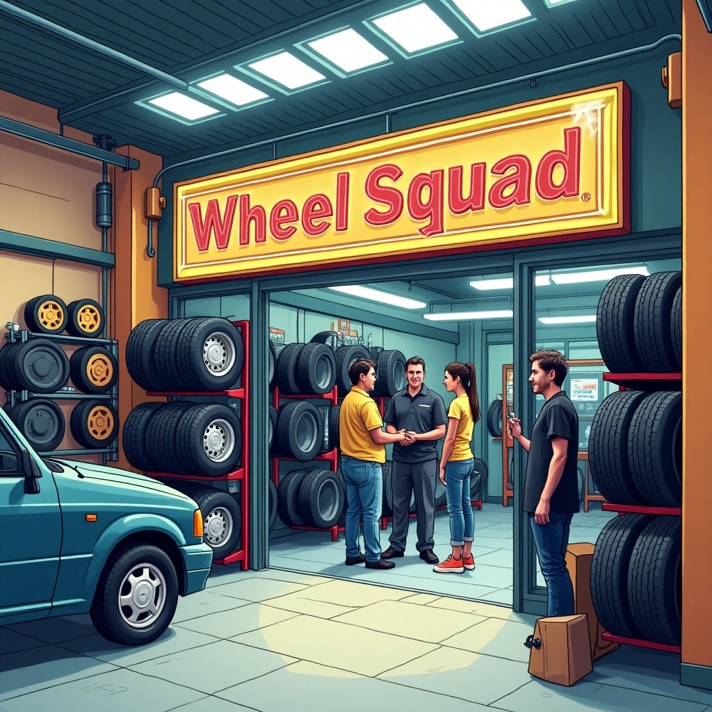 This image depicts a busy tire shop named 'Wheel Squad'. Inside the shop, there are various stacks of tires on display, showcasing the range of products available. Two customers are engaged in conversation with a shop employee at the forefront. The shop has a modern look with bright yellow and red signage. Overhead lights provide good illumination, making the environment lively. The overall scene conveys a welcoming atmosphere for automotive needs.