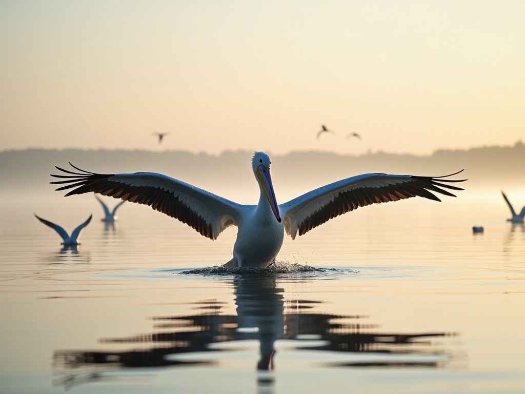 A serene scene of a large pelican landing on a calm body of water during the early morning. The pelican's wings are fully extended, casting beautiful reflections on the surface below. In the background, several other birds are gracefully flying in the sky. The horizon is tinted with soft morning colors, creating a peaceful and tranquil atmosphere. The water is still and clear, reflecting the sky and the surroundings perfectly.