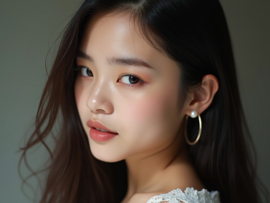 portrait of a young woman with soft natural makeup and hoop earrings, shot in diffused lighting with a focus on her side profile