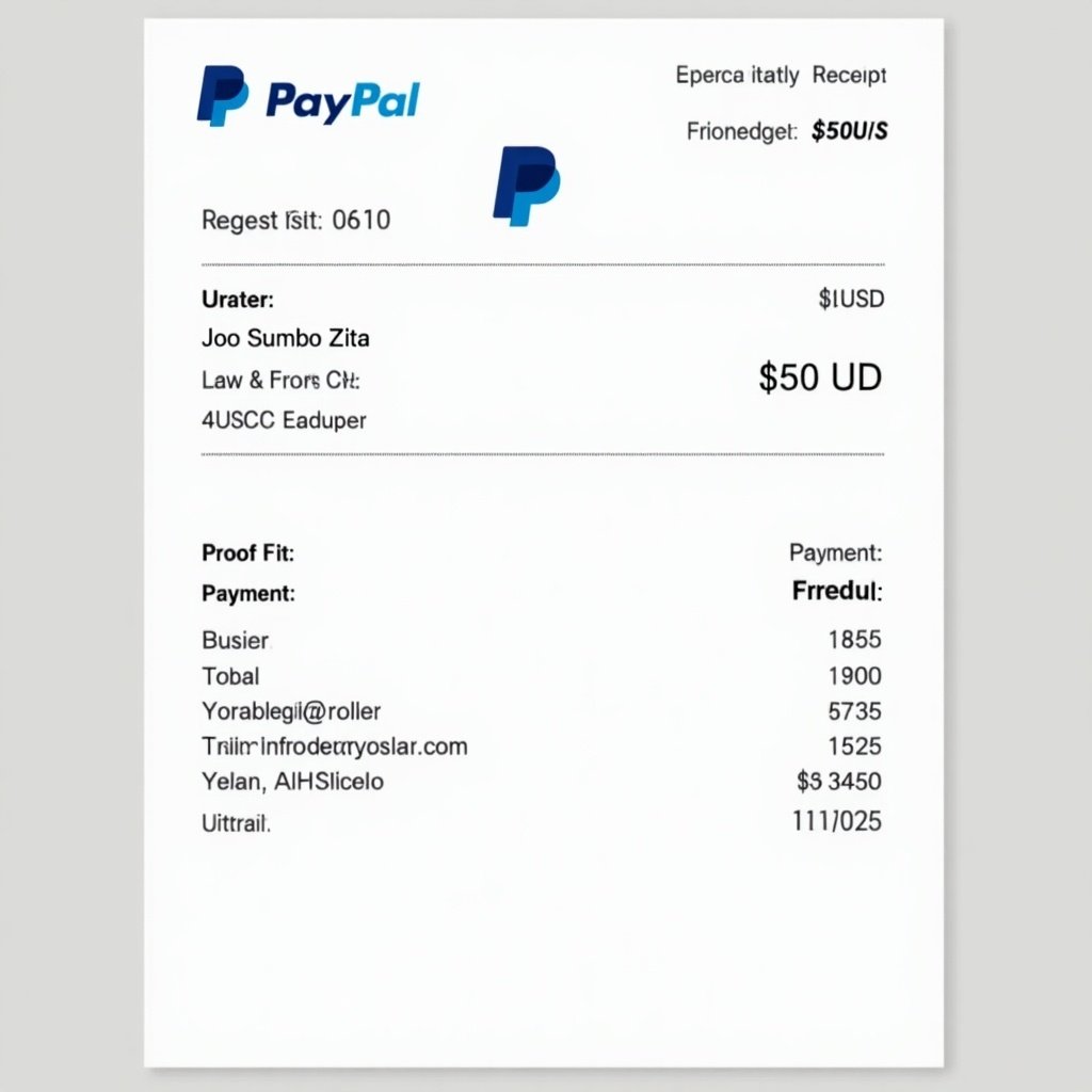 This image shows a PayPal payment receipt documenting a financial transaction. It displays a payment of $50 USD made to Joāo Sumbo Zita. The receipt features the PayPal logo prominently, signifying its authenticity. Additional contact information enhances transparency. The design is clean and exhibits typical attributes of a digital receipt, making it easy to read and understand.