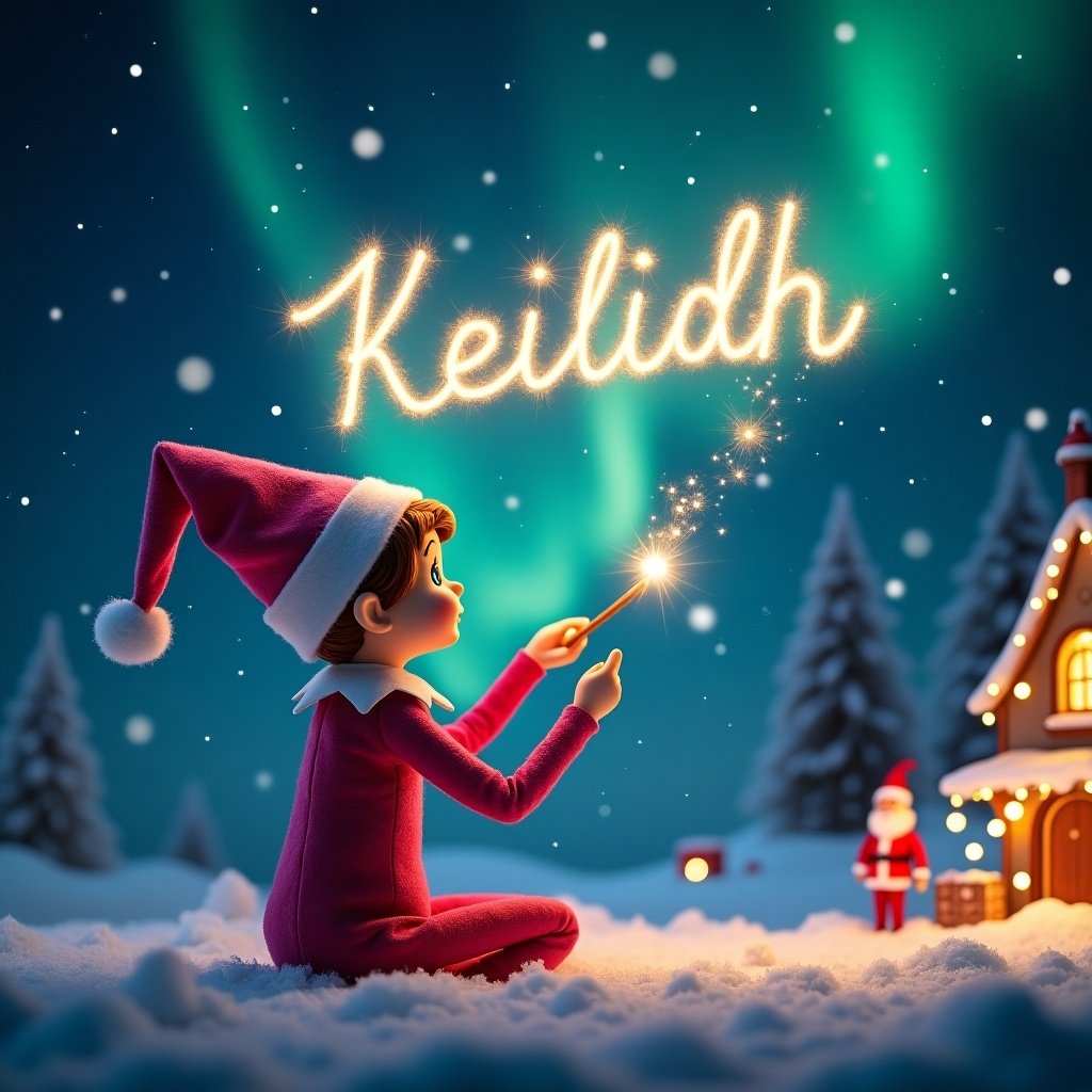 This image showcases an elf on the shelf positioned with its back to the viewer. The elf has auburn hair and is dressed in a traditional pink outfit. It faces up towards a beautiful dark sky filled with vibrant northern lights. A magic wand in hand, the elf elegantly writes the name Keilidh in sparkling letters against the backdrop. The snowy ground adds a serene touch to this magical scene. The overall atmosphere is filled with wonder and holiday joy, perfectly capturing the essence of Christmas.