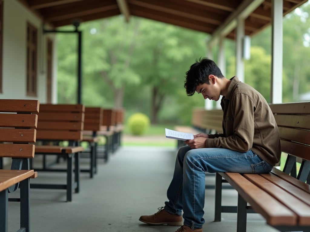 In this image, a high school student named Alex is seated alone in a waiting shed. He has just exited a school bus and holds his test paper, displaying signs of frustration and regret. His posture suggests deep contemplation as he stares intently at the paper in his hands. The surrounding benches are empty, emphasizing his solitude. The setting is peaceful with green foliage in the background, contributing to the overall mood of reflection.