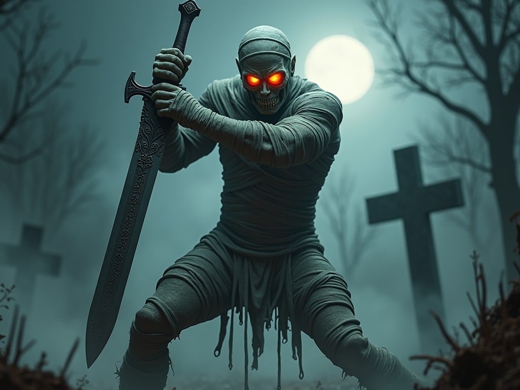 In a haunted graveyard, a mystical warrior wrapped in ancient bandages stands poised with a menacing sword. The warrior's glowing red eyes pierce through the fog, illuminated by the full moon in the backdrop. The scene evokes a sense of eerie vigilance as bare trees and weathered crosses loom around, contributing to the chilling atmosphere.