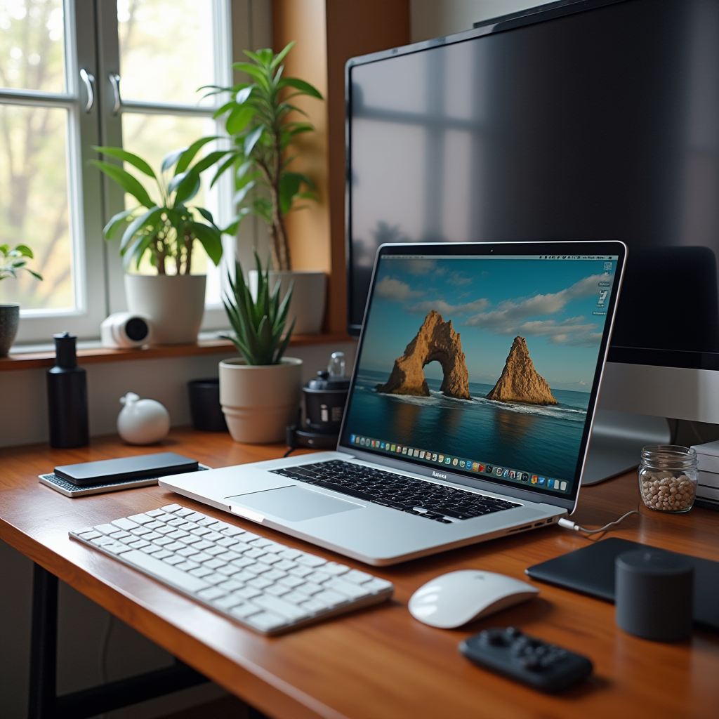 A tidy and modern workspace featuring a laptop and indoor plants near a window.