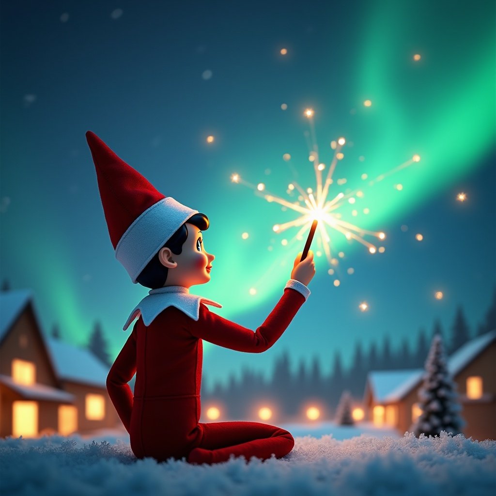 The image features an elf on the shelf with his back facing the viewer, gazing up at the night sky. He holds a wand, creating sparkles that spell out the name 'Frankie' in the air. The background is filled with a magical Christmas scene, showcasing the stunning Northern Lights that illuminate the landscape. Cozy houses dot the snowy ground, adding to the enchanting atmosphere. A sense of wonder pervades the scene, perfect for capturing the essence of holiday magic.