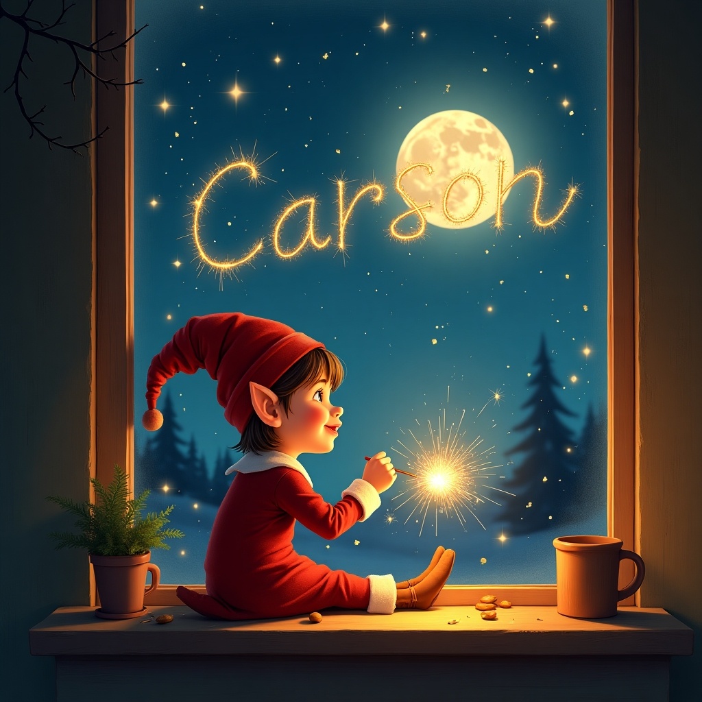 This illustration portrays an elf sitting by a window at night. The elf, dressed in a charming red outfit and a pointy hat, joyfully uses a sparkler to write 'Carson' in the night sky. The scene is enhanced by warm, inviting light creating a cozy ambiance inside. Outside the window, a full moon shines down on a starry night, while the silhouette of pine trees can be seen. The composition evokes a sense of wonder and holiday cheer, perfect for festive themes.