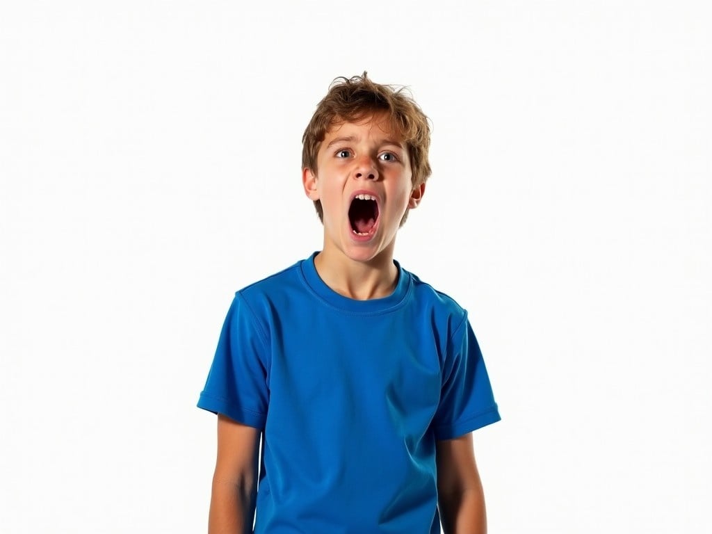 The image features a boy wearing a blue jersey, demonstrating a strong emotional response. He appears to be frightened or very surprised, with his mouth wide open in a scream. The background is completely white, making the boy's expression stand out. His hair is tousled, suggesting excitement or distress. The overall mood of the image conveys intense emotion, likely drawing attention due to its raw portrayal of childhood feelings.