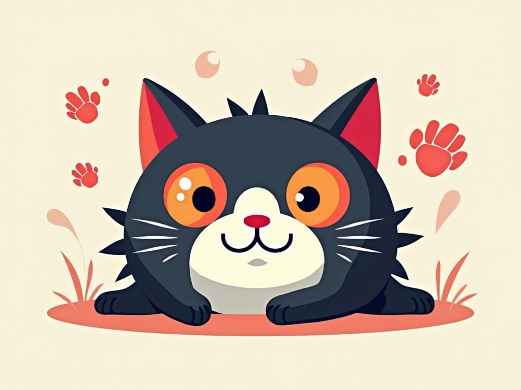 This image features a cartoonish black cat with exaggerated features. The cat has large, expressive orange eyes that catch attention. It has a friendly demeanor and a slight smile, lying down with its paws spread out. Surrounding the cat are playful red paw prints and abstract shapes that enhance its whimsical character. The overall color scheme is pastel with black, orange, and subtle hints of red and cream, giving it a vibrant yet soft appearance.