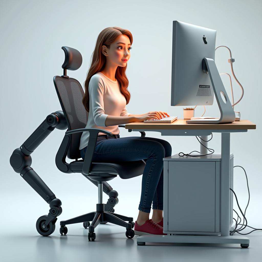 A young woman with a robotic chair works intently at a sleek desk with a large monitor.